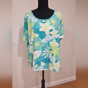 Alfred Dunner Tropical Floral Women's Top - Aqua and Lime